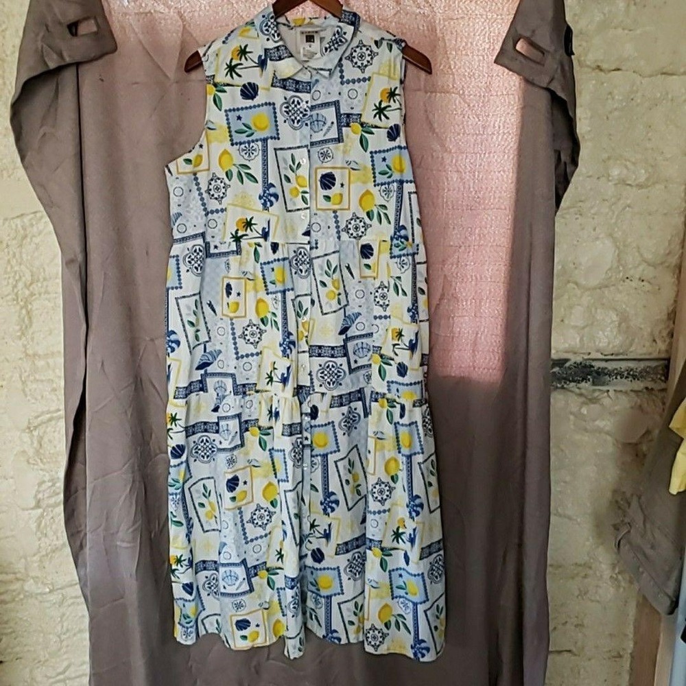 Alex's Lemonade Stand Dress Womens XL Lemon Floral Sleeveless Midi Button Front